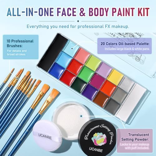 UCANBE 20 Colors Oil-Based Face Body Paint Kit, 10 Brushes & Setting Powder