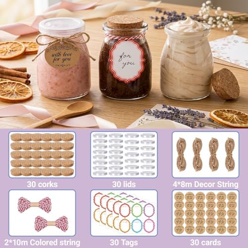 30 Pack 7oz Glass Jars with Cork Lids & PE Lids, Yogurt & Candle Jars