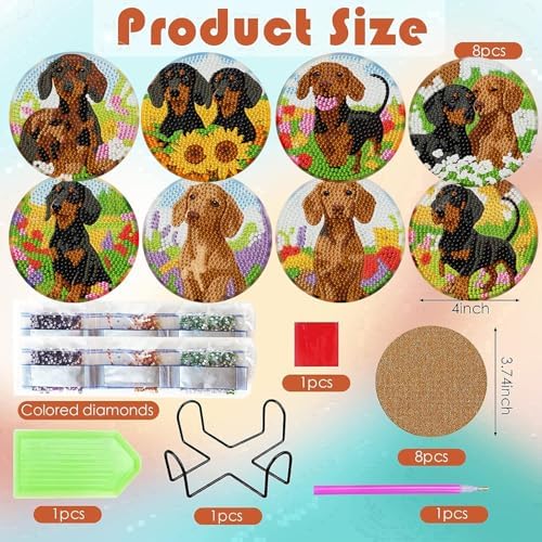 ijbnhd 8 Pcs Cute Dog Diamond Art Coasters Kits, 4x4 inch (Cork Wooden Pad)