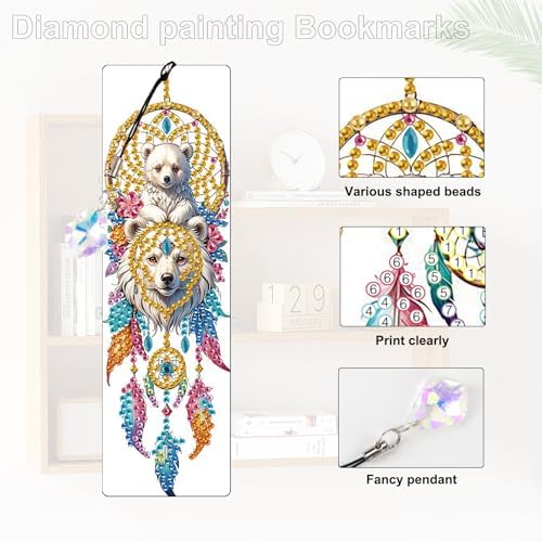 4 Pcs Diamond Painting Bookmarks, White Bear and Lion Dreamcatcher DIY Diamond Art Kits for Adults, Rhinestone Drill Crafts Bookmarks with Tassel for Graduation Birthday Gifts