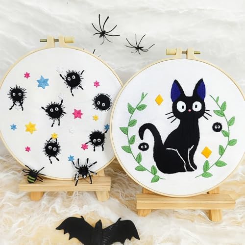 Cat Embroidery Starter Kit for Beginners Adults, Animal Stamped Cross Stitch Kit for Adult Beginner, Hand Embroidery Needlepoint Kits, 2 Set Embroidery Supply, 2 Hoops (Attached Video Tutorial)