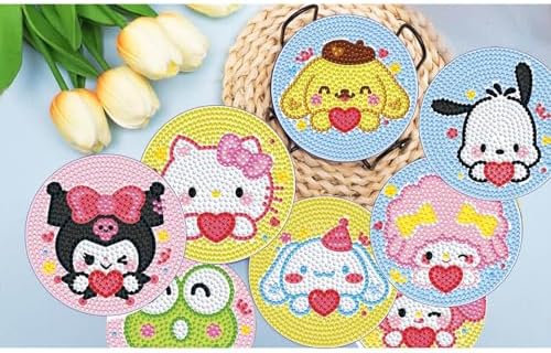 8 PCS Cartoon Diamond Art Coasters Kits, Diamond Painting Coasters with Holder Set of 8, DIY Drink Coasters Art Crafts Supplies for Adults Cup Mat for Home Decor House Warming Gifts Non-Slip 3.9inch