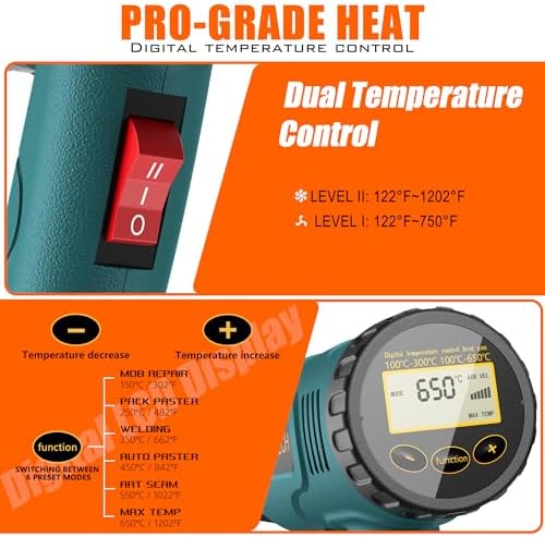 Digital Heat Gun with LCD Display, 100°C-650°C Adjustable Temperature Control, Hot Air Gun Power Tool with 10FT Long Cord & 4 Nozzles for Stripping Paint, Shrink Wrap, PVC, Epoxy Resin