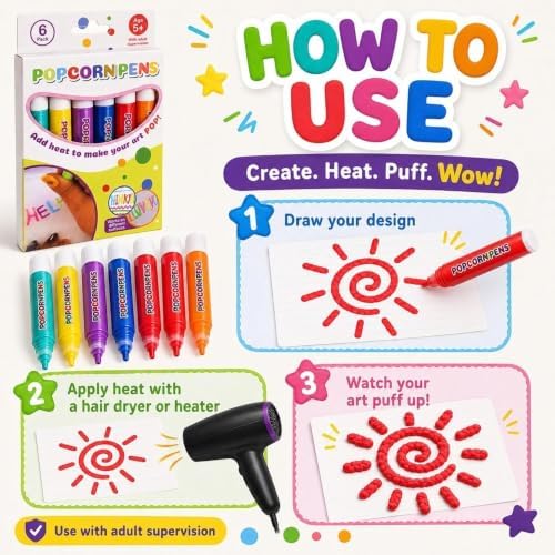 New 2027 Popcorn Pens, 6/12 Colors 3D Bubble Drawing Pen, Heat Activated Puff Paint Raised Texture Craft Tool for DIY Artwork, Greeting Cards, Scrapbooking & Kids' Projects., Multicolor