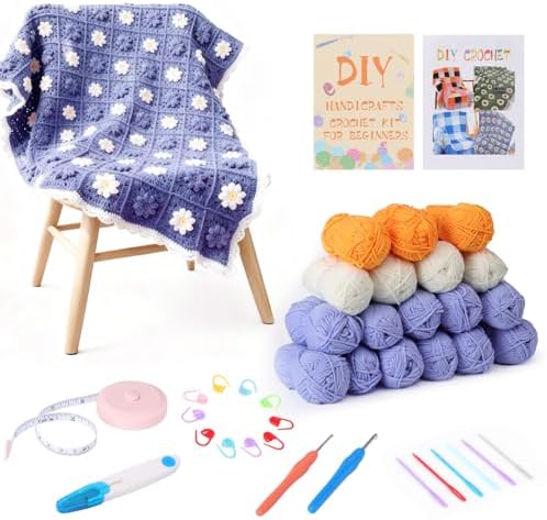 HUYEIOBGD Crochet Daisy Blanket Weaving Set Suitable for Beginners, Basic Crochet Learning kit with Tools and Video tutorials