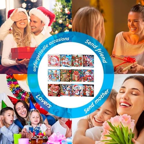 Diamond Art Painting Christmas Cards, 12 Pack DIY 5D Diamond Greeting Cards Kits for Adults Diamond Xmas Greeting Cards with Envelopes Gem Christmas Gifts for Families, Friends, Partners