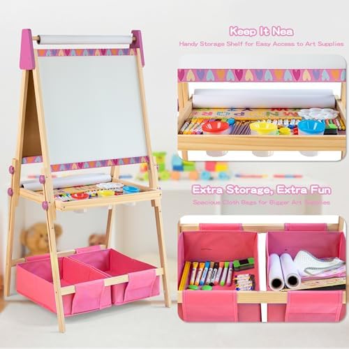 Pink 3-in-1 Wooden Kids Art Easel, Magnetic Whiteboard & Chalkboard