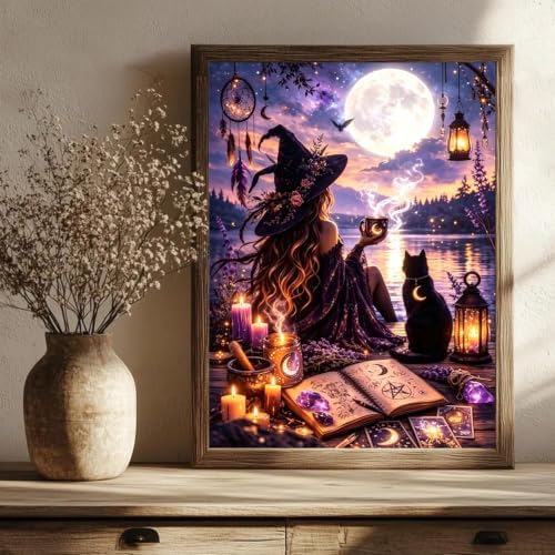 MXCFZX Halloween Witch Paint by Numbers Kits for Adults, Magical Book Painting by Numbers for Beginners with Cat, DIY Acrylic Oil Painting by Numbers for Adults for Gift Home Wall Decor(16x20inch)