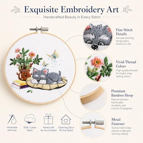 Thinas Embroidery Kit for Beginners Adults, 3 Pack Stamped Dog Embroidery Starter Set with Patterns & Video Tutorial, DIY Sewing Craft Supplies for Dog Lovers, Home Decor Gift Idea