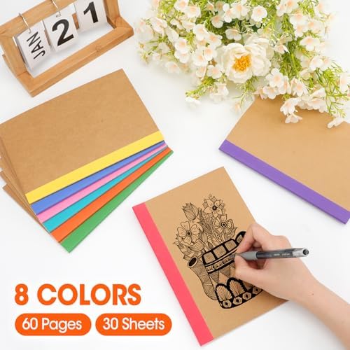 YesBes 64 Pack A5 Kraft Notebooks Bulk, 8.3'' x 5.5'' Lined Journal Notebook with Color Strip, Composition Notebooks Journaling Notebooks for School Office Students Artists, 8 Colors 60 Pages