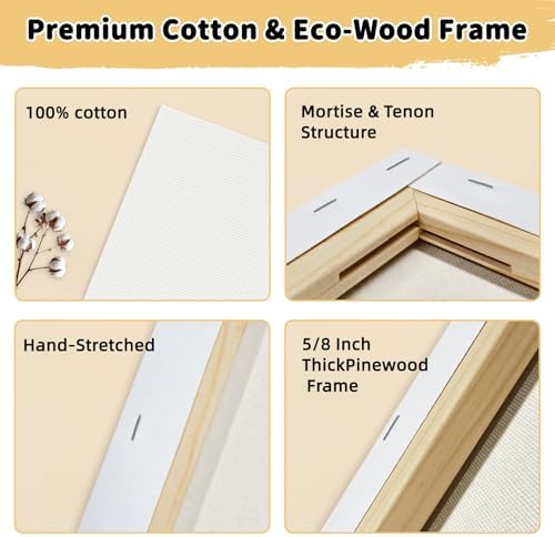 10-Pack 9x12 Stretched Canvas 100% Cotton Triple Primed for Acrylic & Oil | 100% cotton with natural husk, 5/8” Deep Frame, acid-free, no bleed, warp resistant, Ready to paint