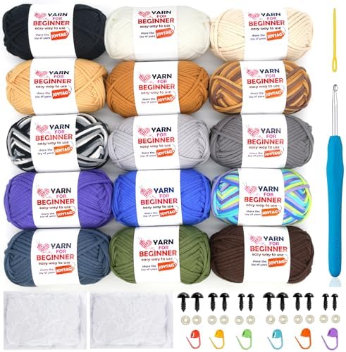 15 Pack Cotton Crochet Yarn - Neutral Colors (Beige, Khaki, Brown, Black) for Beginners with Easy-to-See Stitches - 15x50g Dark Mix
