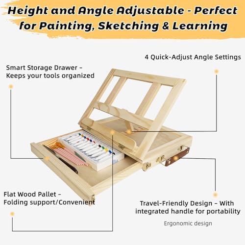 Portable Tabletop Easel Set 24-Piece Acrylic Paints Brushes Canvases