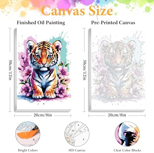 Framed Paint by Numbers Kit for Adults, Tiger & Flower Decor 8x12 Inch