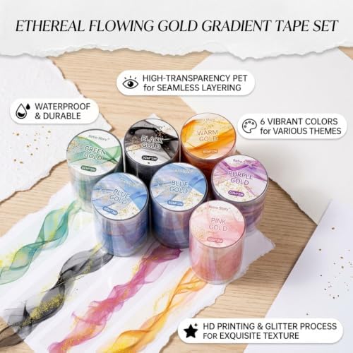 6 Rolls Gold Junk Journal Tape, Glitter Transparent Washi Tape Stickers