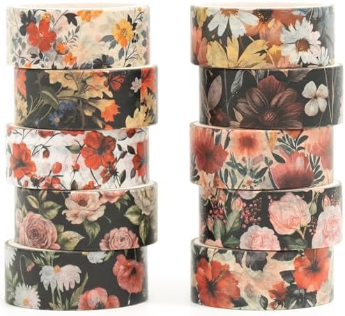 10 Rolls Blooming Flowers Washi Tape Set Floral Arts Adhesive Tapes Colorful Garden Decorative Masking Tape Sets for Craft, Kids, Scrapbook, DIY, Gift Wrapping (3-Blooms)