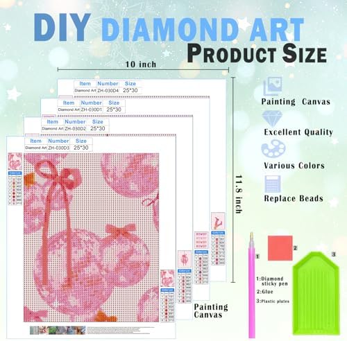 XUNLURY Pink Preppy Bows Western Diamond Art Kits 4 Pack 10x11.8 Inch, Cowgirl Room Decor Trendy Coquette Pink Bow Disco Ball Howdy DIY Diamond Gem Painting Art Kits for Girls Kids Adults Beginners