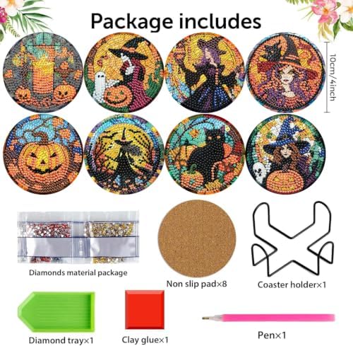 Halloween Diamond Art Coasters Kit, 8 Pieces Diamond Painting Coasters Kit