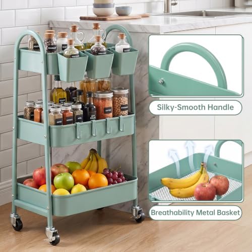 danpinera 3-Tier Rolling Cart, Utility Cart Mobile Metal Rolling Storage Cart with Lockable Wheels & Hanging Cups & Hooks for Kitchen, Bathroom, Office, Workshop, Green