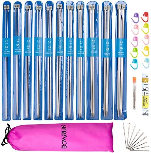 BCMRUN Knitting Needle Set, 22PCS 2mm(B)-8mm(L) Straight Single Pointed Stainless Steel Sweater Needles Set(11Pair-11 Size,9.8 inch) with Locking Stitch Makers Large-Eye Needles Measure Tape (36CM)