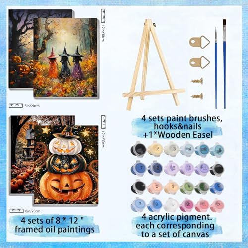 4 Pack Halloween Paint by Numbers for Adults with Framed Canvas 8x12inch