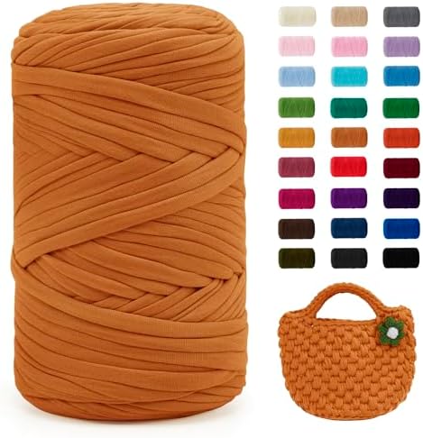 JeogYong T-Shirt Yarn, 400g/131 Yards Elastic Fabric Crochet Cloth T Shirt Yarn, Thick Hand Knitting Polyester Fabric Ribbon for Crocheting Bags/Baskets/Rugs, Home Decor, DIY Crafts (Turmeric)