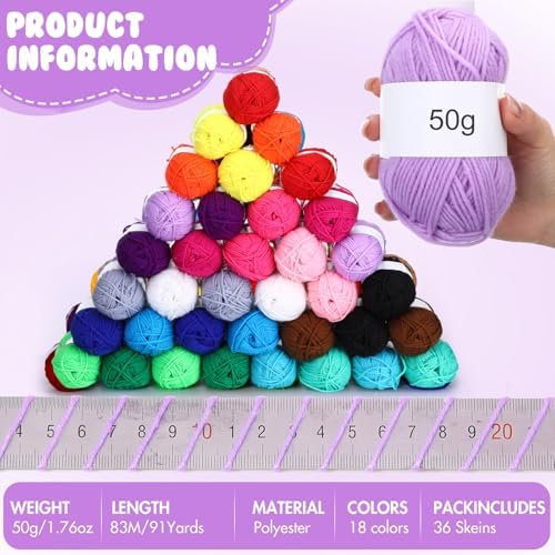 Coume 36 Polyester Yarn Skeins for Crocheting 50g 3268 Yards Multicolor DIY Soft Cotton Yarn Bulk for Weaving Knitting Beginners Dolls Gifts Crafts(18 Colors)
