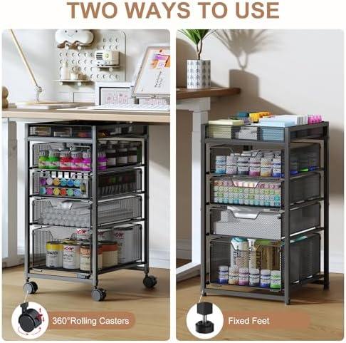 Rolling Utility Cart with 4 Drawers, Craft Organizer and Storage Carts with DIY Divider, Lockable Wheels Storage Organizer for Art Supplies, Store for Brushes & Paints & Small Parts(Patent Pending)