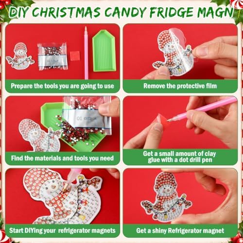 Motipuns 30 Pcs Diamond Magnets,Chrismas Red Snowman,Cerise White