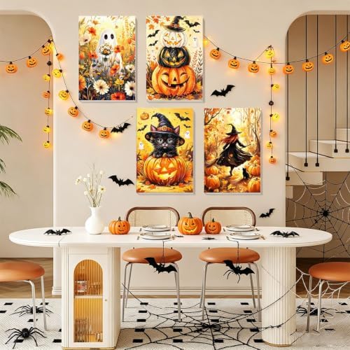 4 Pack Halloween Framed Paint by Numbers Kit for Adults Beginners 8x12 inch | Halloween Adult Paint by Number Kits on Canvas with Frame - Wooden Easel, DIY Acrylic Oil Painting Kits for Gift Home Decor