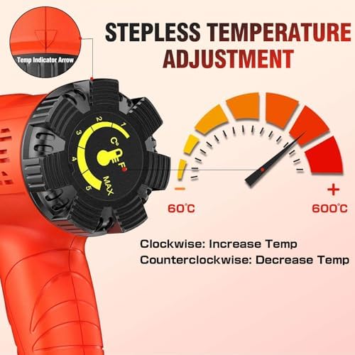 1800W Heat Gun Heavy Duty Fast Heat Hot Air Gun Kit with 752℉&1112℉（400℃-600℃） Dual-Temperature Settings and 5 Nozzles with Overheat Protection for Crafts, Shrinking PVC, Stripping Paint