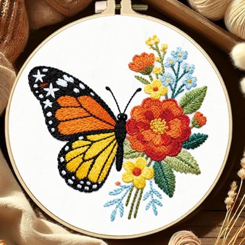 FREEBLOSS 4 Sets Embroidery Kit for Beginners Needlepoint Flower Butterfly Stamped Embroidery Starter Kit with Instructions, Needles, Threads, 2 Hoops 11.6"/29.5CM