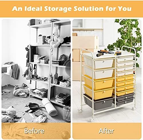 GOFLAME 15-Drawer Rolling Storage Cart, Craft Storage Cart with Removable Drawers & Lockable Wheels, Art Cart Supply Storage Organizer for Home Office Classroom, Yellow