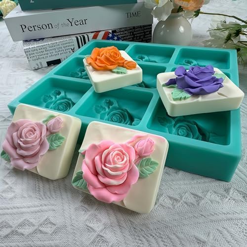 9 Cavities Rose Relief DIY Soap Mold,Handmade Soap Making Silicone Tray,Flower Silicone Mold for Natural Soap,Scented Candle Wax,Plaster Diffuser,Crystal Epoxy Decorations