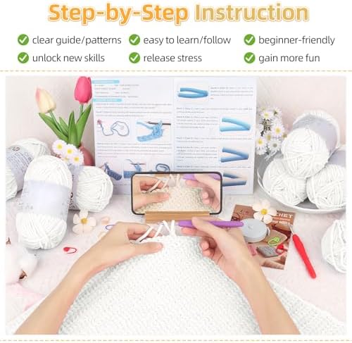 Aeelike Crochet Blanket Kit for Beginners, Easy Soft Crochet Kit, White