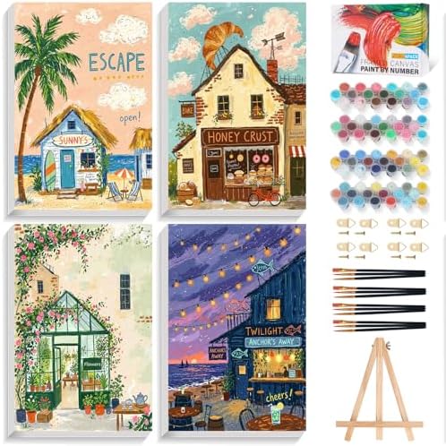 4 Pack Framed Paint by Numbers Kit for Adults Beginner with Wooden Easel, Landscape Easy Paint by Numbers with Frame, DIY Adult Paint by Numbers Kits on Canvas Framed for Home Decor Gift 8x12 Inch