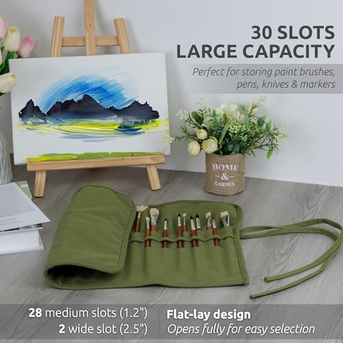 DUGATO 30-Slot Roll-Up Canvas Brush Holder with Lay-Flat Design, Army Green
