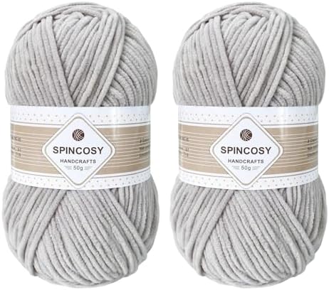 Skinny Chenille Yarn, 2 Pack of 50g/120 Yards Fluffy Soft Polyester Crochet Yarn Sutible for Colorful DIY Crafts Blankets Plush Dolls (Light Gray)