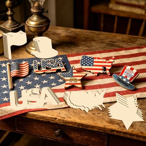 30Pcs Patriotic July of 4th Independence Day Unfinished Wooden Gift Ornaments DIY Craft Activity Paintable Blank Cutouts Hanging Wood Slices for Memorial Day Classroom Art Crafts Party Supplies