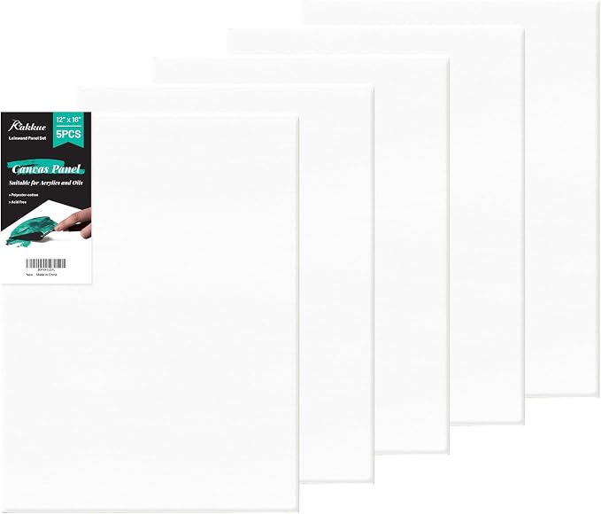 Canvas Boards 5-Pack 12"x16" – Flat Canvas Panels, Primed Polyester | Rigid Flat Panel, Acid-Free Primed Surface, Warp-Resistant Backing, Smooth Painting Texture, Ideal For Acrylic & Oil Painting
