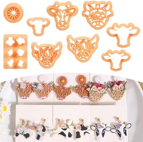 Puocaon Sunflower Highland Cow Earring Cutters - 9 Pcs Sunflower Highland Clay Earrings Making Kit Dairy Cow Animal Stud Clay Cutters for Jewelry Making