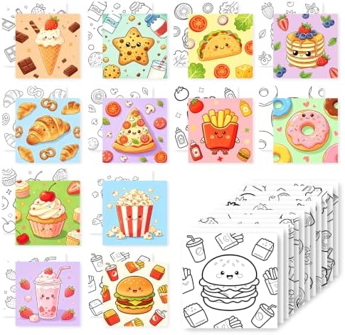 12 Packs Food-Themed Pre Drawn Canvas to Paint, Pre Printed Canvas for Painting, Pre Stretched Canvas Outline Painting Boards for Beginners, Students, Party Favors（4 * 4inch）