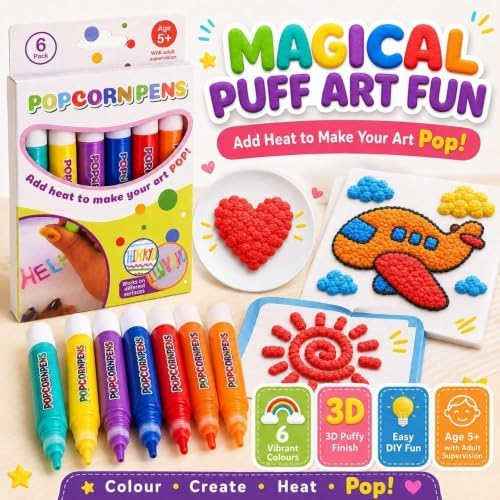 New 2027 Popcorn Pens, 6/12 Colors 3D Bubble Drawing Pen, Heat Activated Puff Paint Raised Texture Craft Tool for DIY Artwork, Greeting Cards, Scrapbooking & Kids' Projects., 6PCS-2 Box