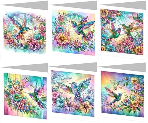 Diamond Art Cards with Envelopes–6PCS DIY Diamond Painting Greeting Cards Kit | Card Making Kit with Bling for Adults & Beginners | Birthday,Holiday & Thank You Cards (Flower Hummingbird)