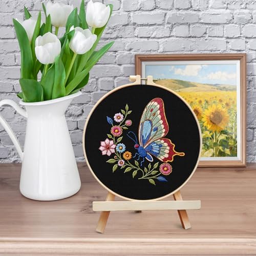 ERKOON Embroidery Kit for Beginners Adult, Cross Stitch Set Include Embroidery Cloth Hoop Threads for Craft Lover Hand Stitch with Embroidery Skill Techniques (Butterfly)