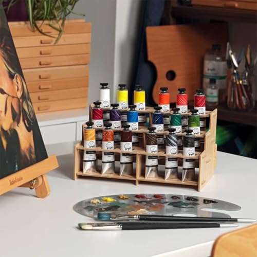 Tusc & Pine Artist Oil Paint - 40 ml Set of 18 - Assorted Colors w/Mezzo Paint Rack - Non-Yellowing, Rich & Creamy Consistency, Maximum Pigment Load, Small Batch Milled - Made in the USA