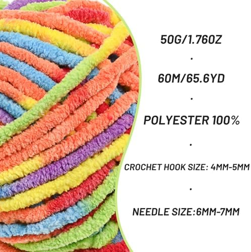 Plush Chenille Chunky Crochet - Baby Crochet Yarn Soft Velvet for Knitting Blankets Crafts - Fluffy Amigurumi Yarn 50g / 65.6yd (Rainbow)