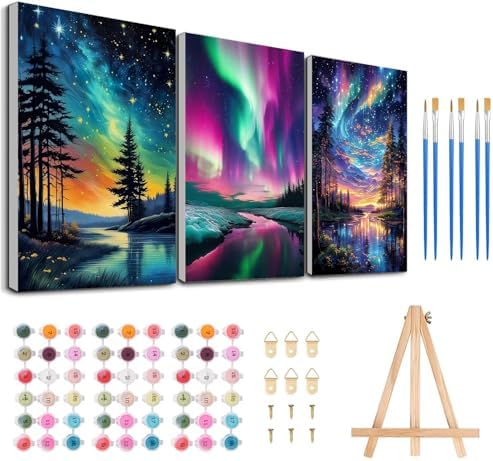 3 Pack Framed Paint by Numbers for Adult with Wooden Easel (8x12 inch) | Starry Sky Paint by Number on Canvas Oil Painting Kit with Brushes, Easy Adults' Paint-by-Number Kits for Home Wall Decor