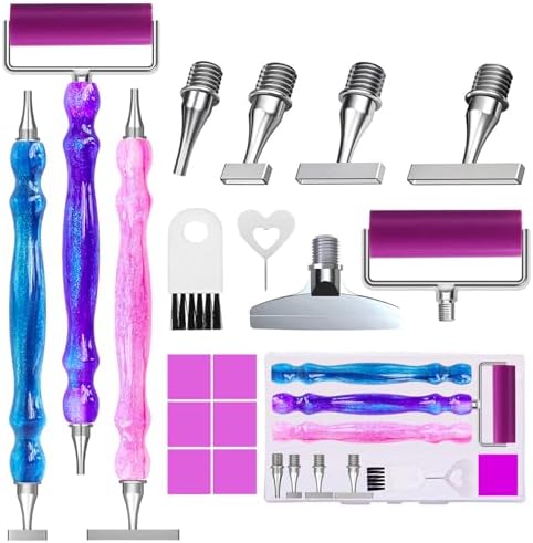 ZYNYXY 17PCS Ergonomic Diamond Art Pen Kits, with Multifunctional Metal Stainless Steel Screw Thin 1, 3, 6, 9, Tips, Correction Placers Roller Accessories(A-Purple + Pink + Blue+ 5 PCS Tips)
