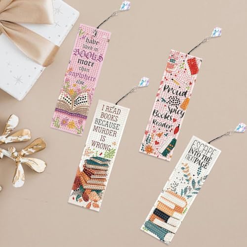 Mandun 4 Pcs Book Diamond Painting Bookmark Kits, Special Shaped Diamond Art Bookmarks with Pendant, DIY Diamond Art Bookmarks with Tassels Crafts Gifts Supplies